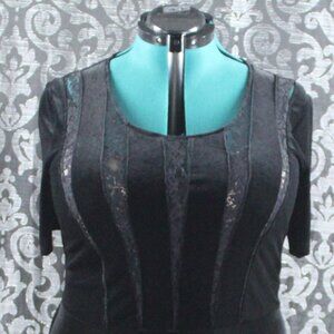 Forever 21+ Black Velvet Midi Dress with Lace Inserts 2X